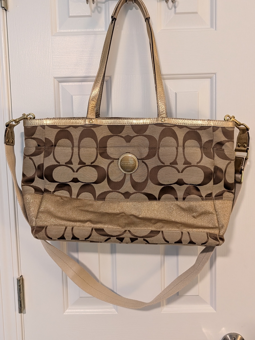 Coach Signature Canvas Diaper Bag Tote in Brown and Gold